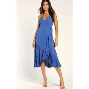 Lulu's Women size Large Blue Ruffle Midi Wrap Dress